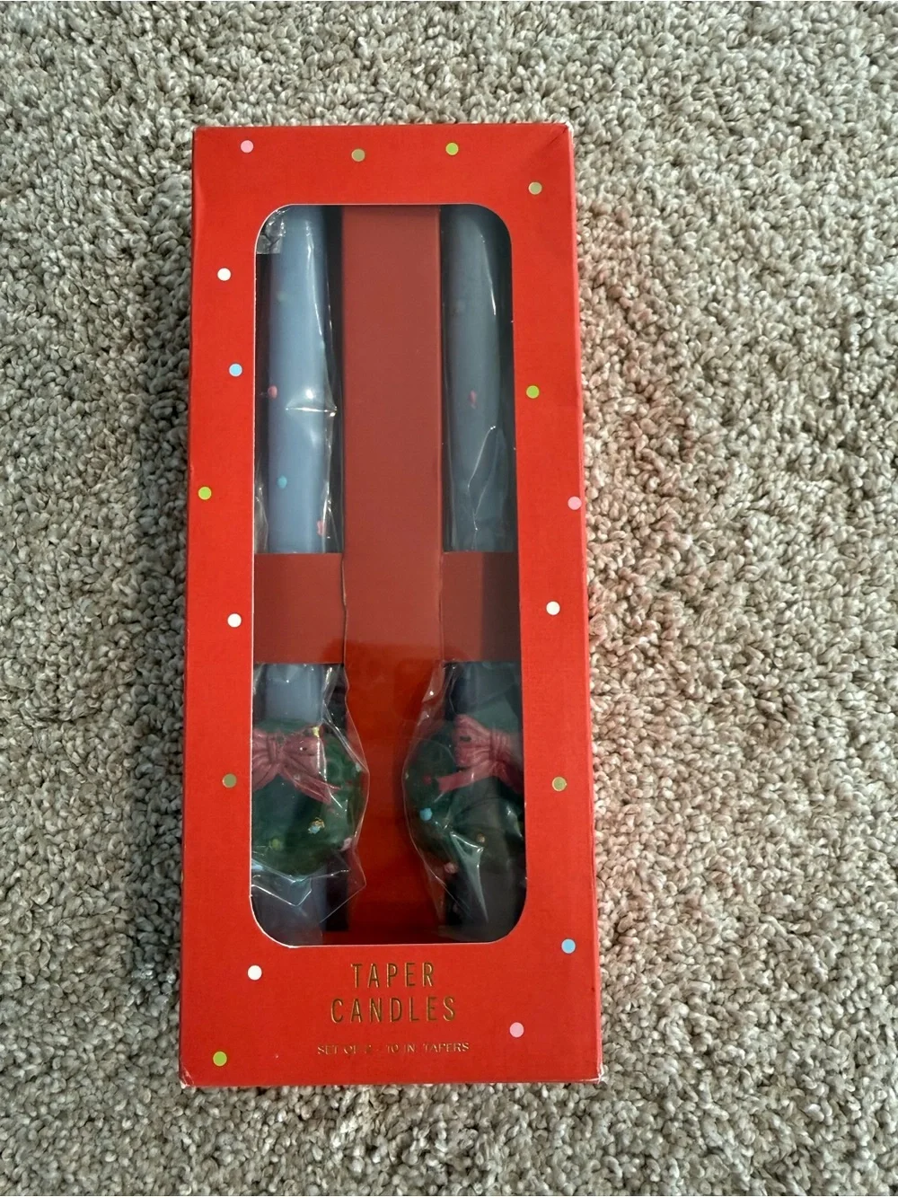 Anthropologie Red Boxed Taper Candles with Green Holders